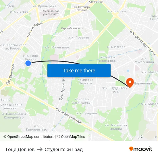 Гоце Делчев to Студентски Град map