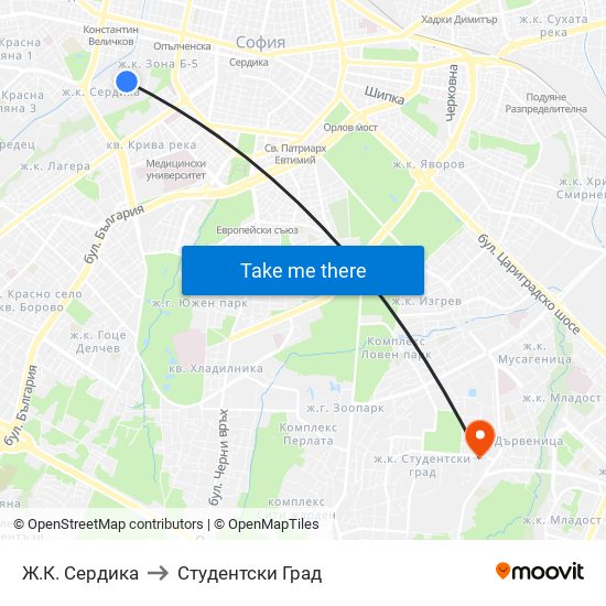 Ж.К. Сердика to Студентски Град map