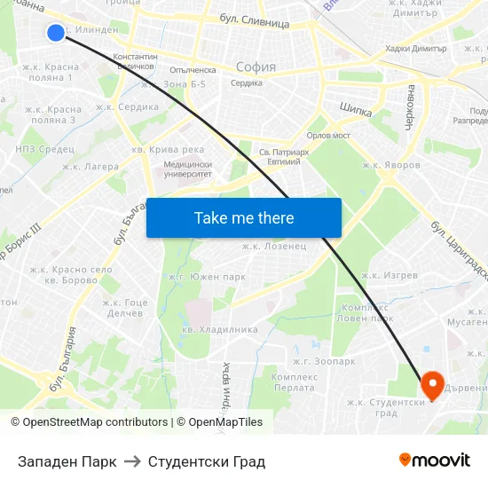 Западен Парк to Студентски Град map