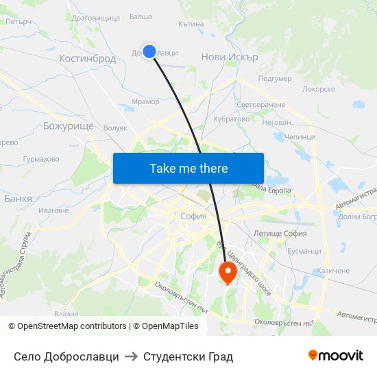 Село Доброславци to Студентски Град map