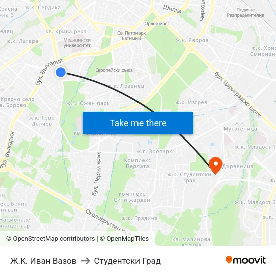 Ж.К. Иван Вазов to Студентски Град map