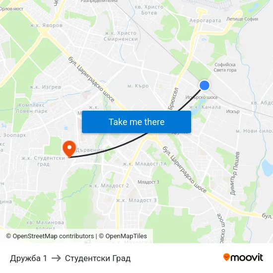 Дружба 1 to Студентски Град map