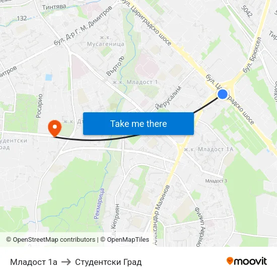 Младост 1а to Студентски Град map