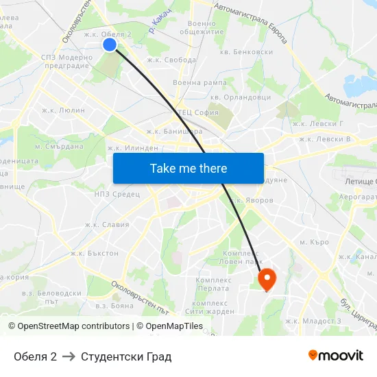 Обеля 2 to Студентски Град map