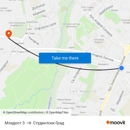 Младост 3 to Студентски Град map