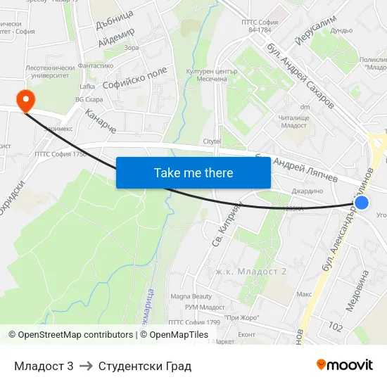 Младост 3 to Студентски Град map