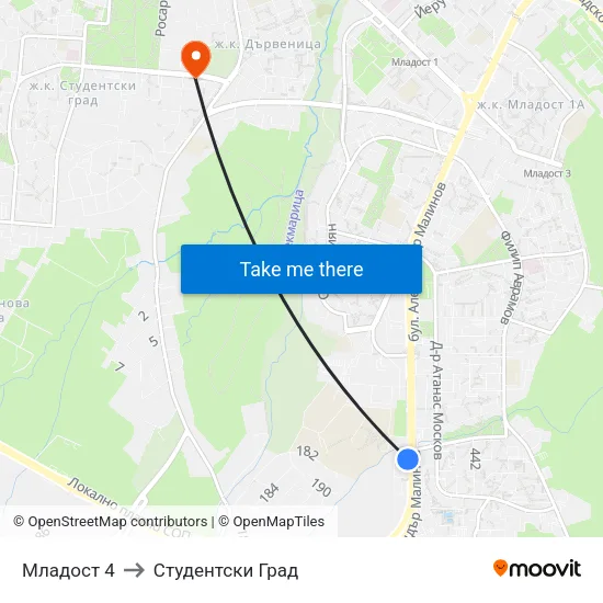 Младост 4 to Студентски Град map