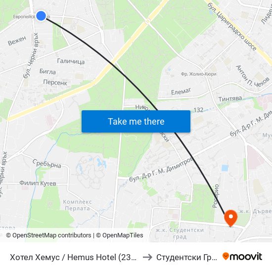 Хотел Хемус / Hemus Hotel (2329) to Студентски Град map