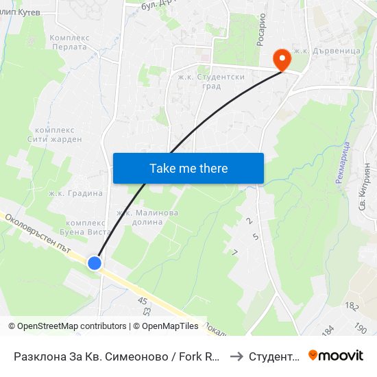 Разклона За Кв. Симеоново / Fork Road To Simeonovo Qr. (1458) to Студентски Град map