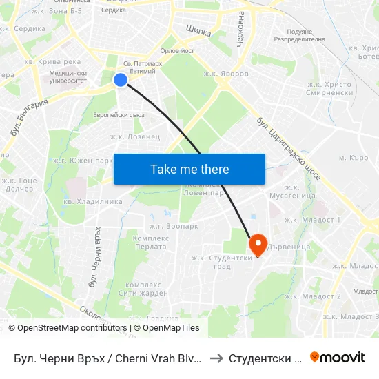 Бул. Черни Връх / Cherni Vrah Blvd. (0401) to Студентски Град map