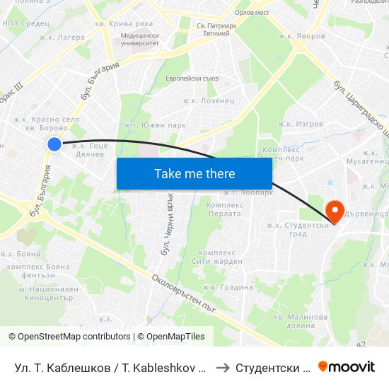 Ул. Т. Каблешков / T. Kableshkov St. (2211) to Студентски Град map