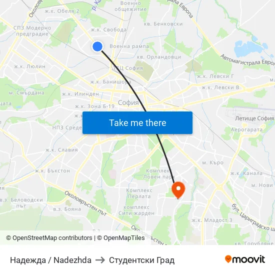 Надежда / Nadezhda to Студентски Град map
