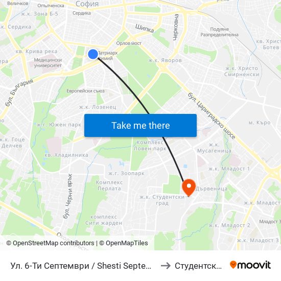 Ул. 6-Ти Септември / Shesti Septemvri St. (1806) to Студентски Град map