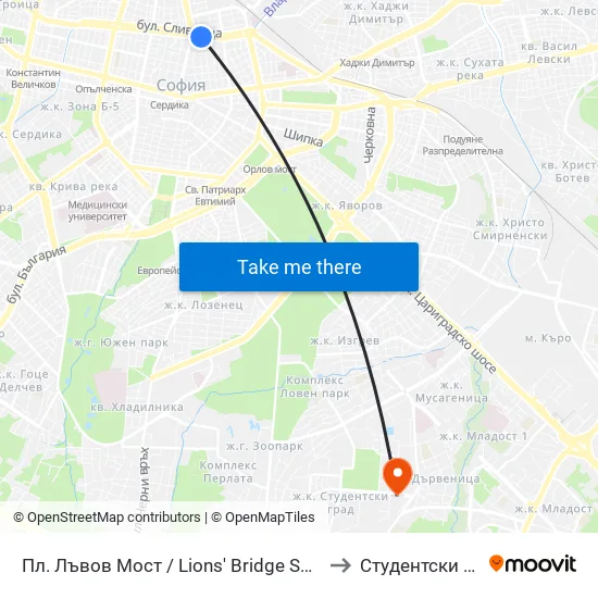 Ⓜ️ Пл. Лъвов Мост / Lions' Bridge Sq. (1278) to Студентски Град map