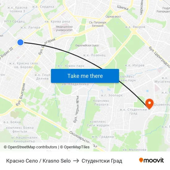 Красно Село / Krasno Selo to Студентски Град map