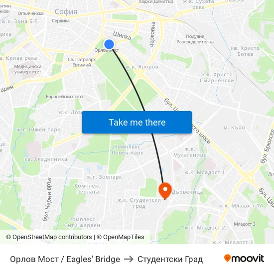 Орлов Мост / Eagles' Bridge to Студентски Град map