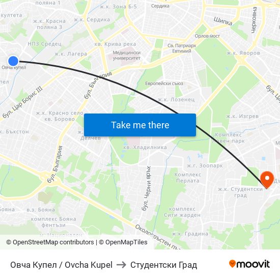 Овча Купел / Ovcha Kupel to Студентски Град map