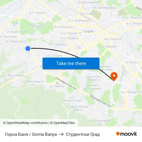Горна Баня / Gorna Banya to Студентски Град map