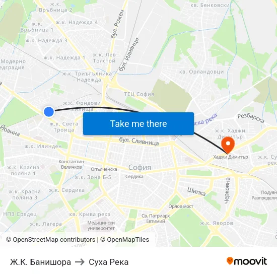 Ж.К. Банишора to Суха Река map