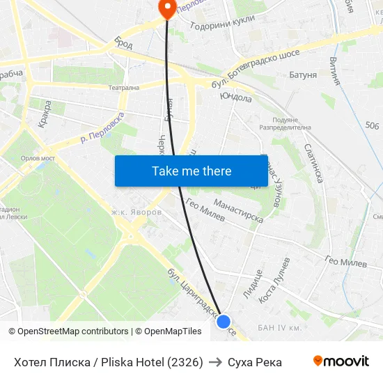 Хотел Плиска / Pliska Hotel (2326) to Суха Река map