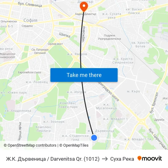 Ж.К. Дървеница / Darvenitsa Qr. (1012) to Суха Река map
