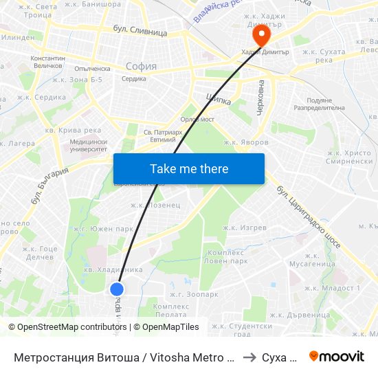 Метростанция Витоша / Vitosha Metro Station (2756) to Суха Река map