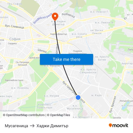 Мусагеница to Хаджи Димитър map