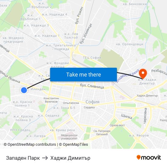 Западен Парк to Хаджи Димитър map