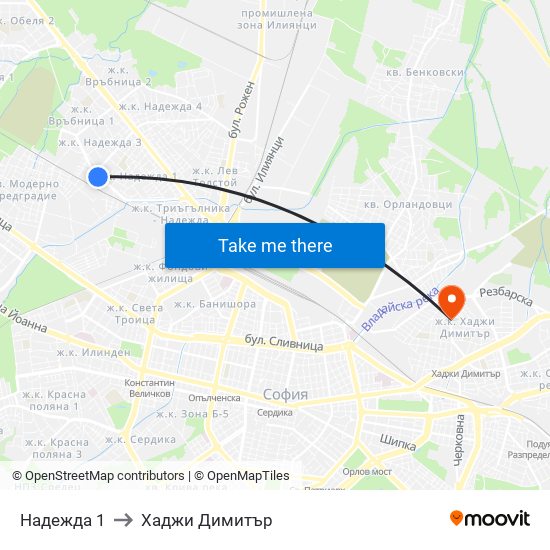 Надежда 1 to Хаджи Димитър map