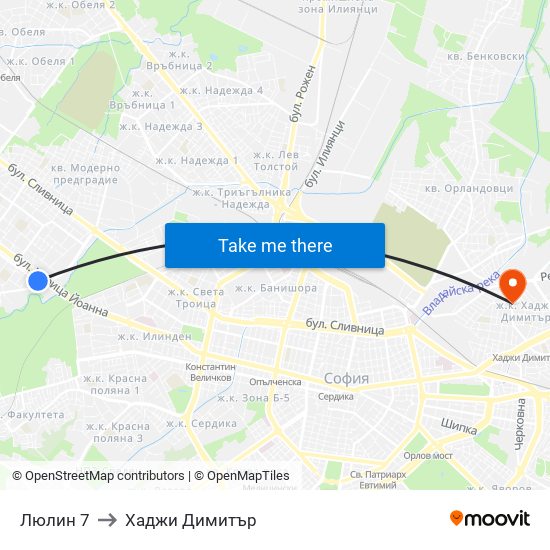 Люлин 7 to Хаджи Димитър map