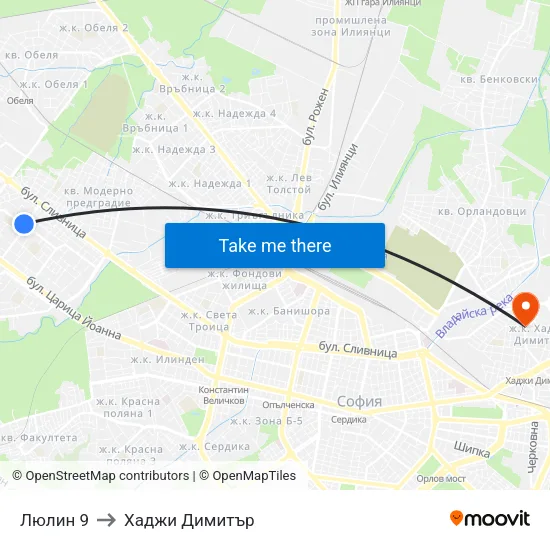 Люлин 9 to Хаджи Димитър map