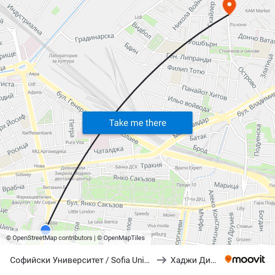 Софийски Университет / Sofia University (1699) to Хаджи Димитър map