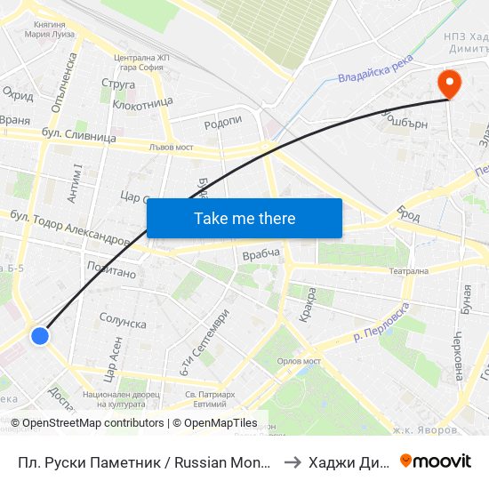 Пл. Руски Паметник / Russian Monument Sq. (1296) to Хаджи Димитър map