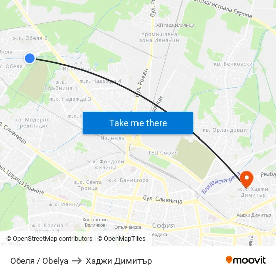 Обеля / Obelya to Хаджи Димитър map