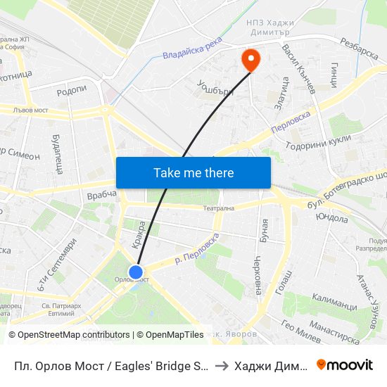 Пл. Орлов Мост / Eagles' Bridge Sq. (1289) to Хаджи Димитър map