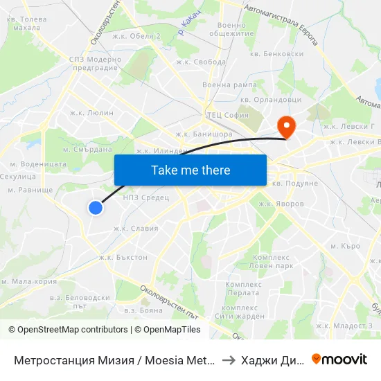 Ⓜ️ Метростанция Мизия / Moesia Metro Station (6089) to Хаджи Димитър map