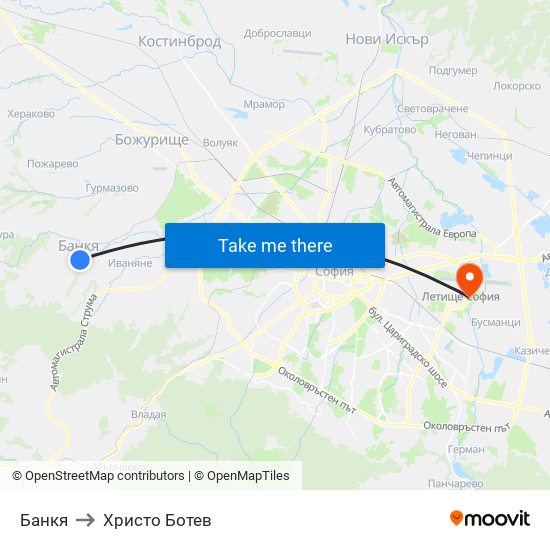 Банкя to Христо Ботев map