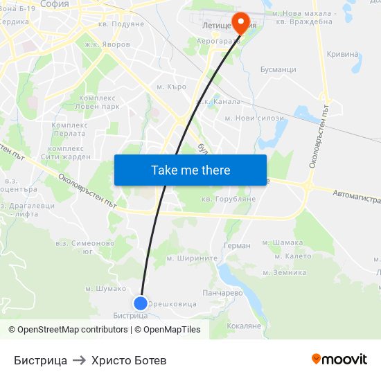 Бистрица to Христо Ботев map
