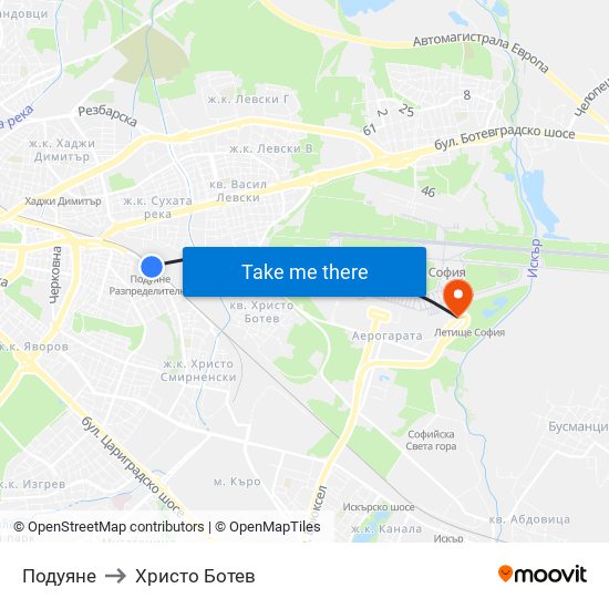 Подуяне to Христо Ботев map