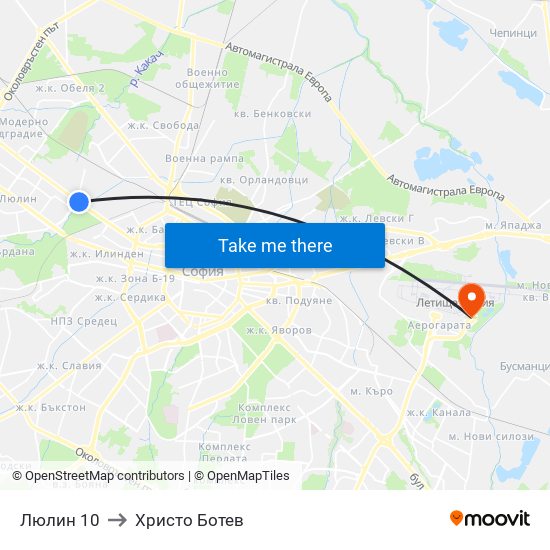 Люлин 10 to Христо Ботев map