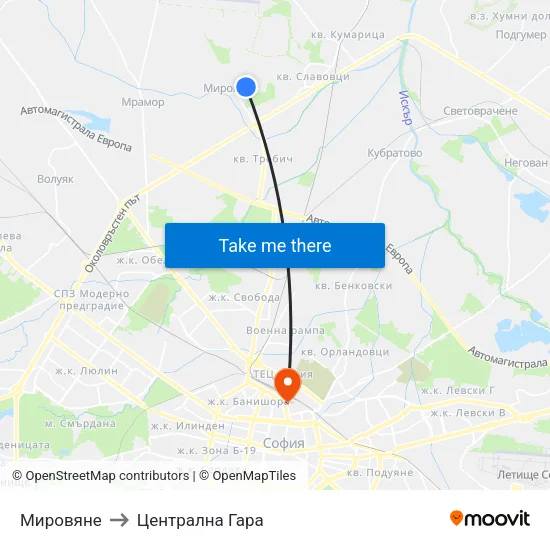 Мировяне to Централна Гара map