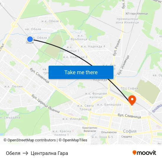 Обеля to Централна Гара map