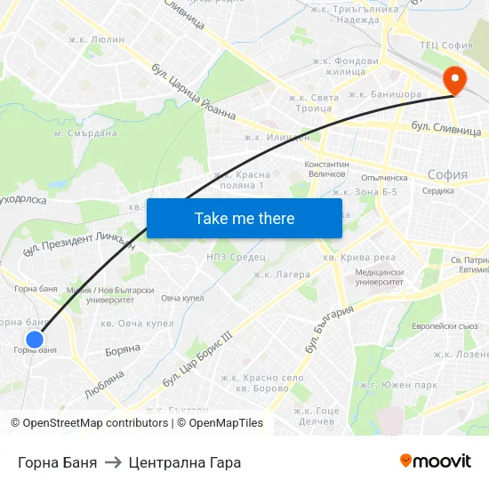 Горна Баня to Централна Гара map
