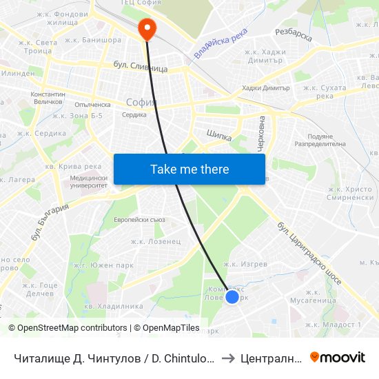 Читалище Д. Чинтулов / D. Chintulov Library (2366) to Централна Гара map