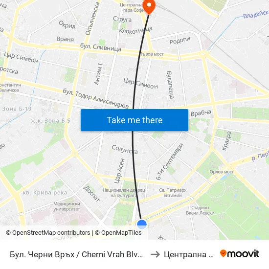 Бул. Черни Връх / Cherni Vrah Blvd. (0398) to Централна Гара map