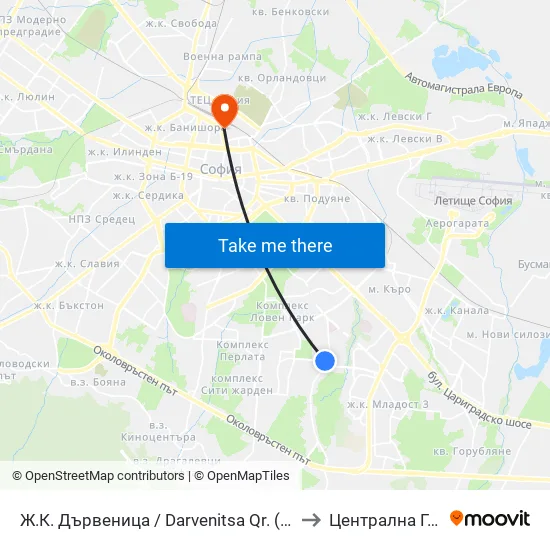 🎓 Ж.К. Дървеница / Darvenitsa Qr. (0800) to Централна Гара map