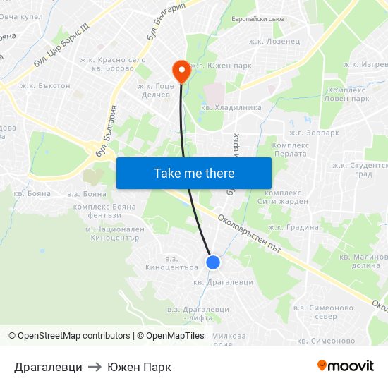 Драгалевци to Южен Парк map