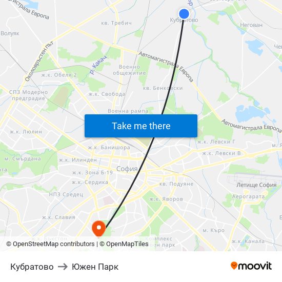 Кубратово to Южен Парк map