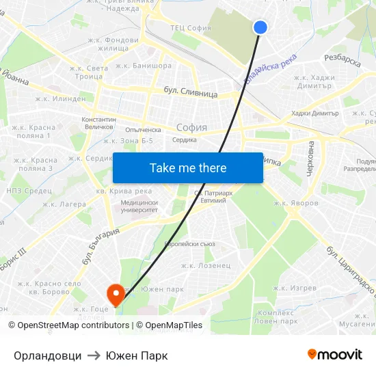Орландовци to Южен Парк map