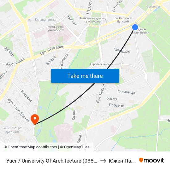 Уасг / University Of Architecture (0387) to Южен Парк map